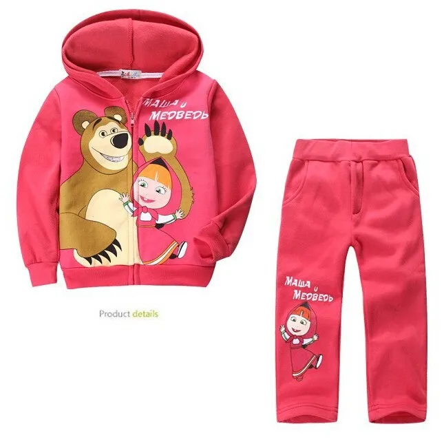 

New Girls Clothing Set Cartoon Masha And Bear Warm Girls Clothes Casual Hoody Full Sleeve Coat+Pants Suit Kids Clothing
