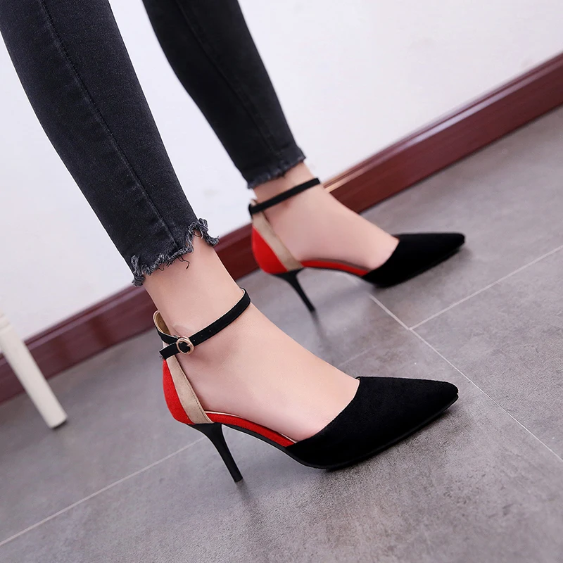 Новинка года; выразительные элегантные женские туфли на высоком каблуке в Корейском стиле; тонкие туфли с закрытым носком; модная удобная рабочая обувь на полой подошве средней высоты
