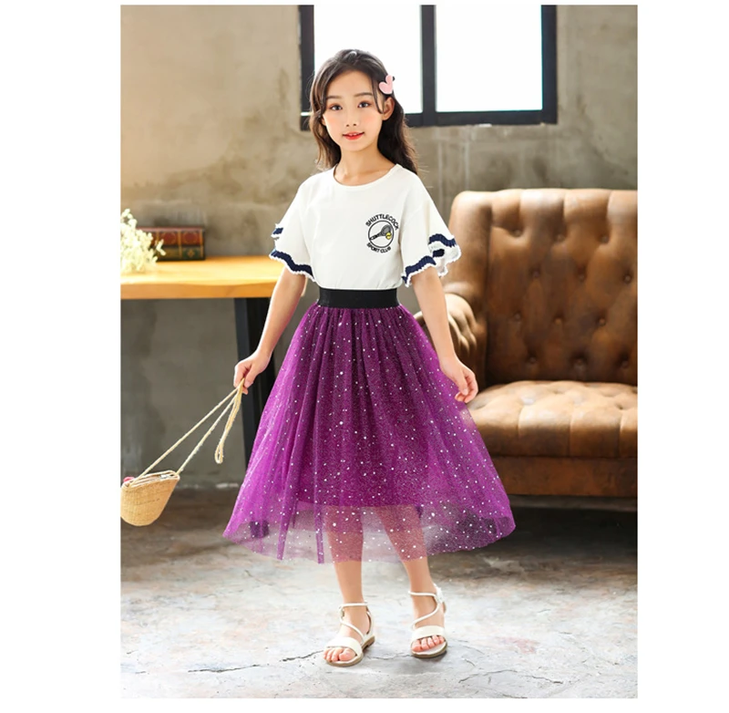 Cutyome принцессы для девочек-подростков; звезды с блестками юбка, Модный корейский комплект детской Тюлевая юбка Дети длинное бальное платье из сетчатой ткани
