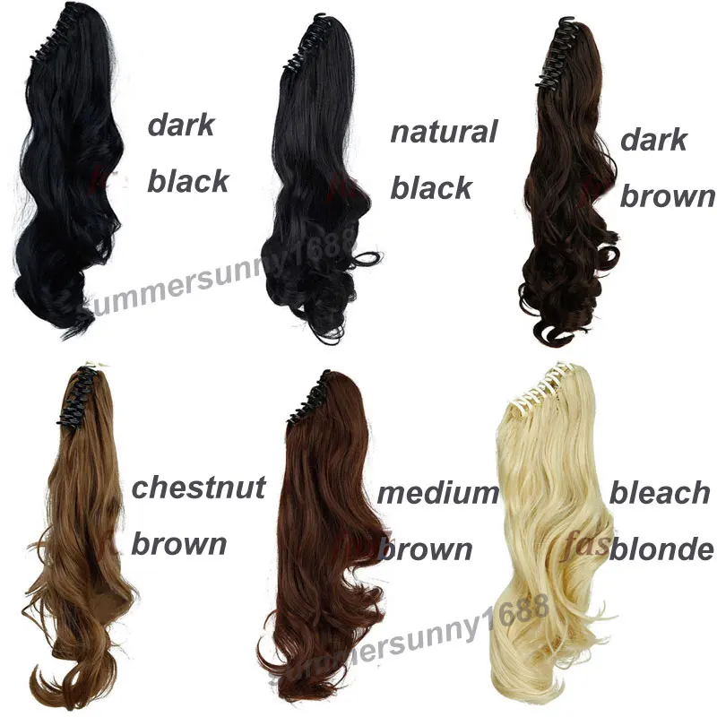 S-noilite 18 inches Long Ponytail Clip in Pony tail Hair Extensions Claw on Hair piece Wavy Black Brown Synthetic Fiber