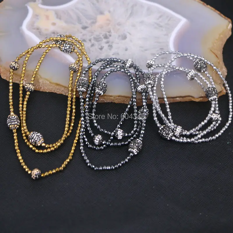 

3 Strands Pave Crystal Beads Gem Necklace, with 3mm Black Hematite Necklace, Jewelry Beaded Necklace
