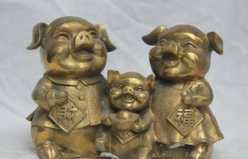 Details about 10" Chinese Folk Feng Shui Brass Zodiac Year Pig Family