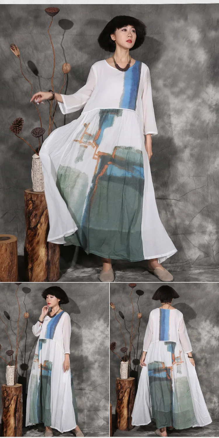 Женское винтажное хлопковое льняное платье с цветочным принтом, весеннее новое платье с длинным рукавом в китайском стиле, свободные женские платья макси