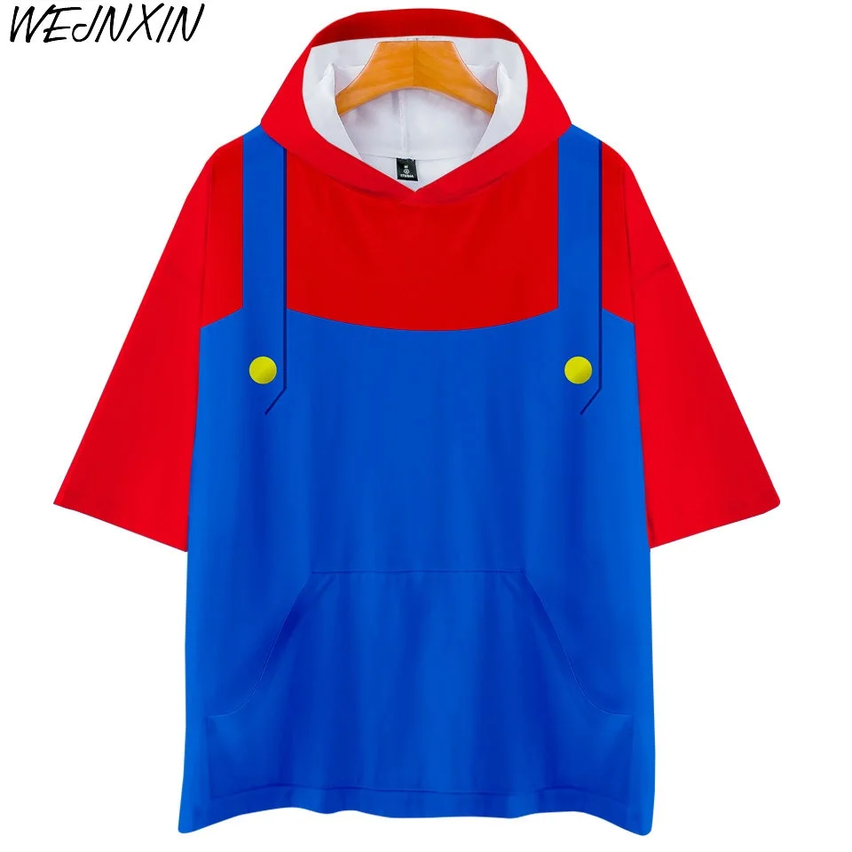 

WEJNXIN Cool Summer Supper Mario 3D Multi Print Pockets T Shirt Men Women Unisex Designs Hood TShirt Blue Red Clothing Tops Tee