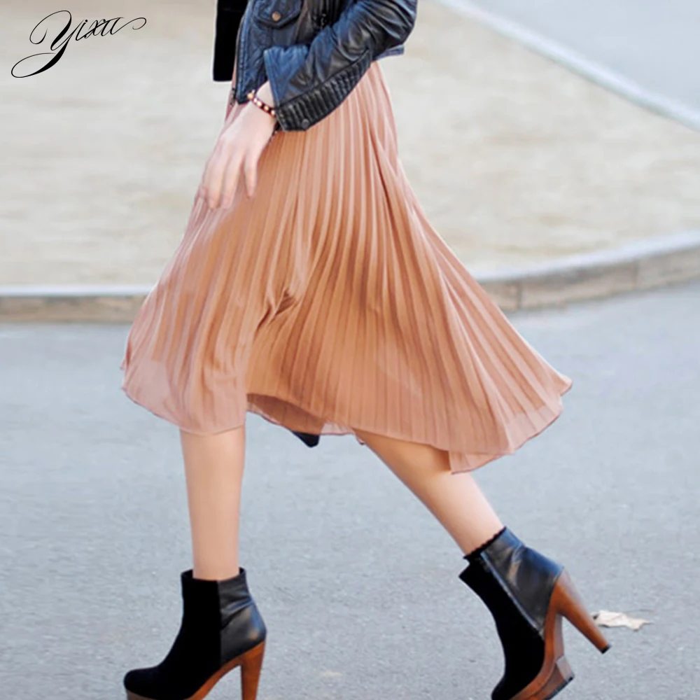 

New Summer Woman Pleated Skrit Solid Ladies Elegant Skirts All-match Chiffon Skirts Casual Mid Length Pleat Skirt for Woman