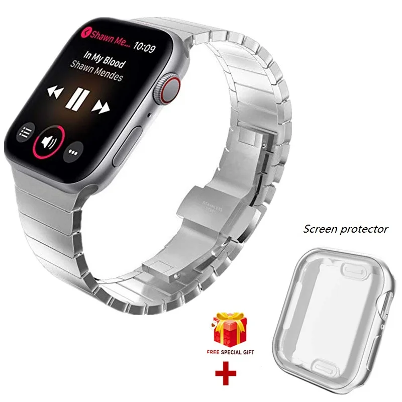 Для Apple Watch, версии 5 Группа 44 мм 40 мм Нержавеющая сталь браслет ремешок с покрытием часы Чехол для наручных часов Iwatch серии 5/4/3/2/1, 42 мм, 38 мм - Цвет ремешка: Silver Silver case