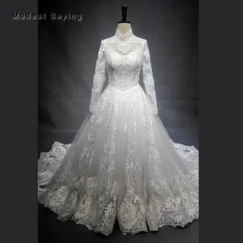 شراءفساتين زفاف فاخرة عالية الجودة مطرزة بأكمام طويلة 2018 مطرزة بالدانتيل فساتين زفاف Vestido De Noiva مصنوعة حسب الطلب