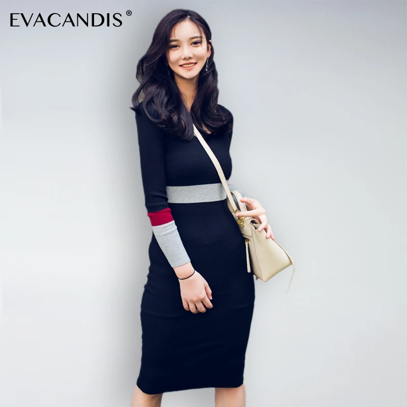

Black Knitted Dress Korean Elegant V Neck Bodycon Warm Autumn Knee Length Elastic Long Sleeve Midi Sweater Dress Women Vestidos