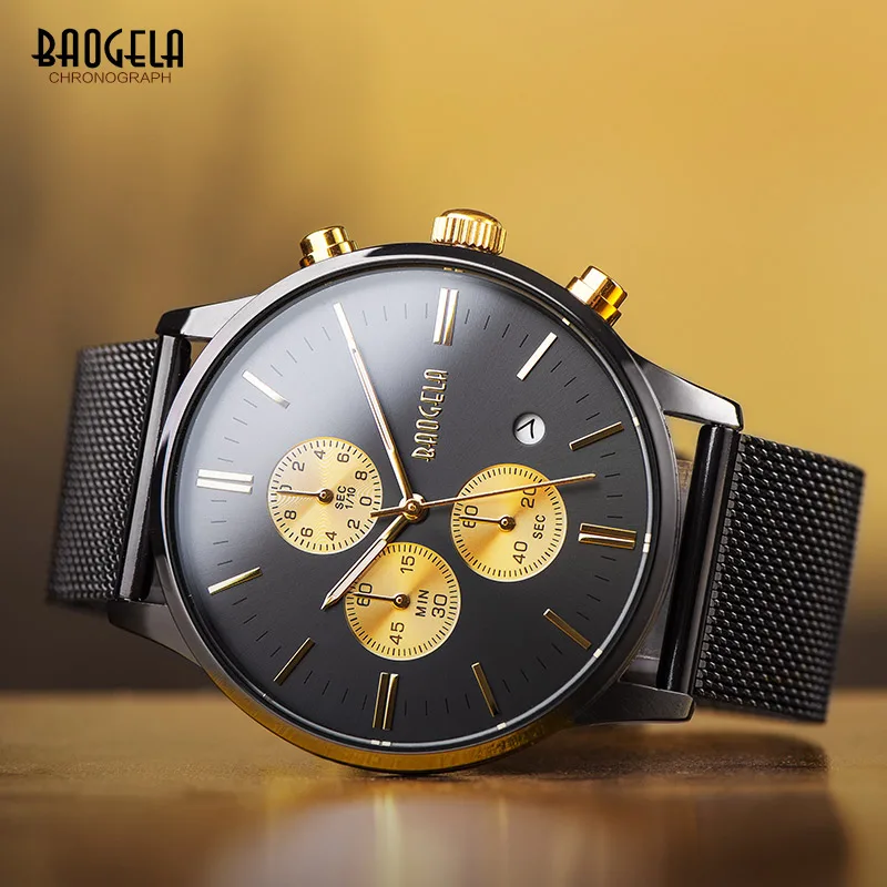 Tanie Baogela męskie chronograf czarna siatka ze stali nierdzewnej pasek wojskowy Sport zegarki kwarcowe z świetlistymi rękami 1611G
