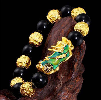 

HFANCYW Natural Black Onyx Beads Bracelet Fancy Thermochromic Pixiu Charm Bracelet DIY Men's Sand Gold Jewelry Drop Shipping