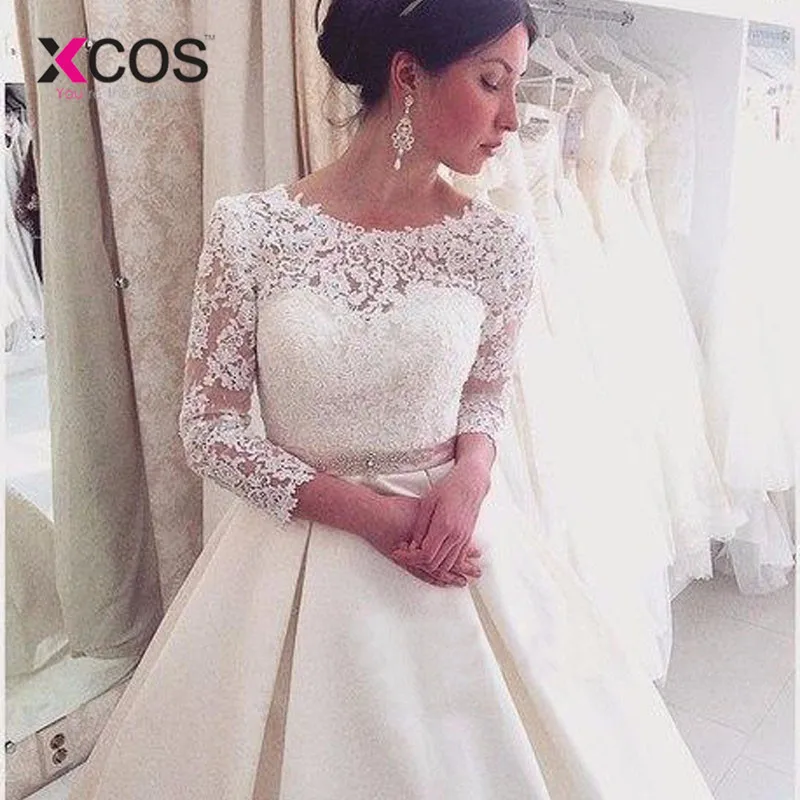 XCOS белые кружевные свадебные платья с открытой спиной 3/4 рукава Аппликации Элегантные Простые Свадебные платья с открытой спиной недорогие свадебные платья