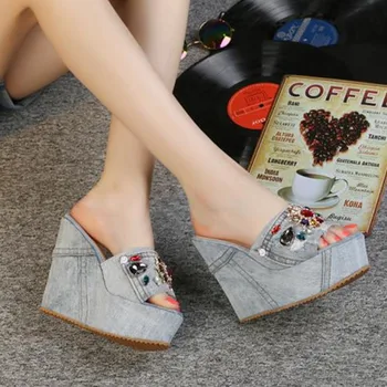 

Light Blue Denim Women Summer Slippers Vintage Design Crystal Ladies Platform Wedge Shoes Handmade Chaussure Femme Sandalias