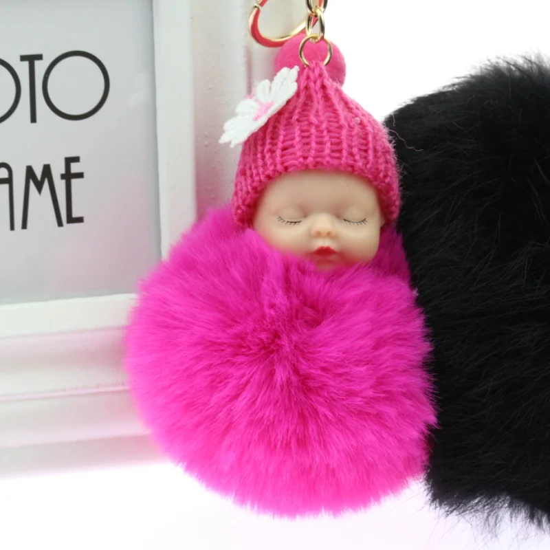 

PINXIU Dropshipping Sleeping Baby Doll Ball Key Chain Car Keyring Holder Bag Pendant Charm Keychain Plush Fur New Cute Women Key