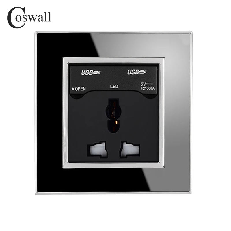 

Coswall Universal Socket Luxury Wall Power Outlet With 2A Dual USB Charging Port For Mobile Acrylic Crystal Mirror Panel