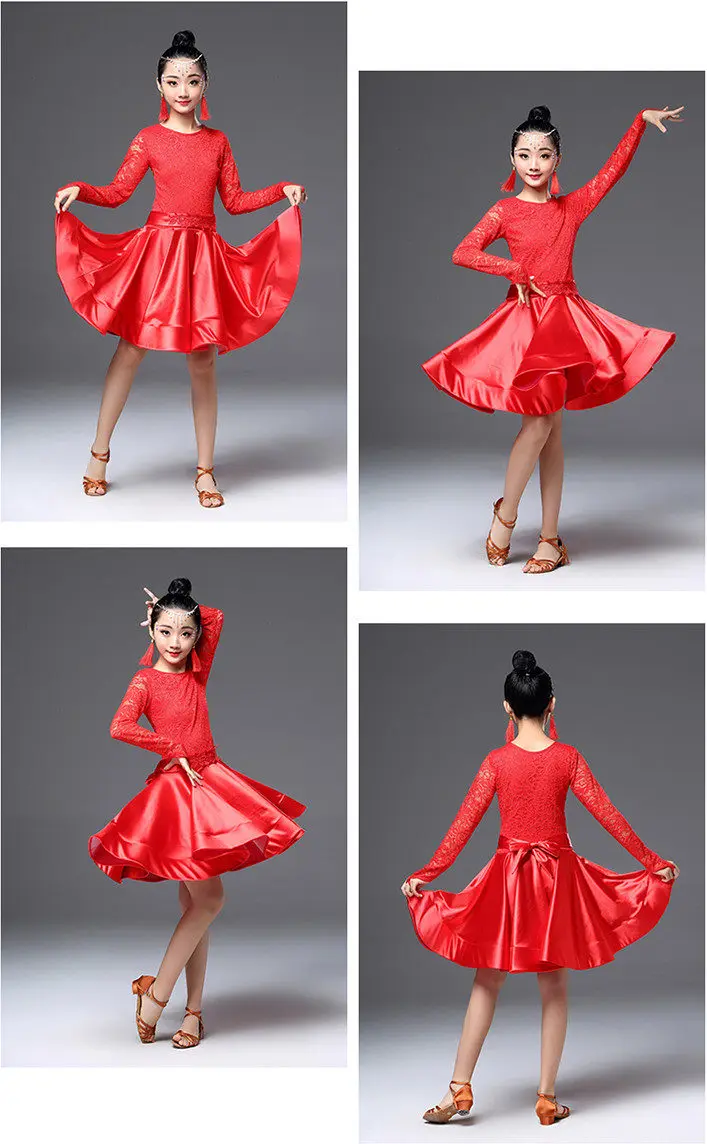 Латинское платье для танцев для девочек, длинный рукав, кружевное Стандартный Бальные платья для танцев для детей; одежда для сцены для сальсы, одежда