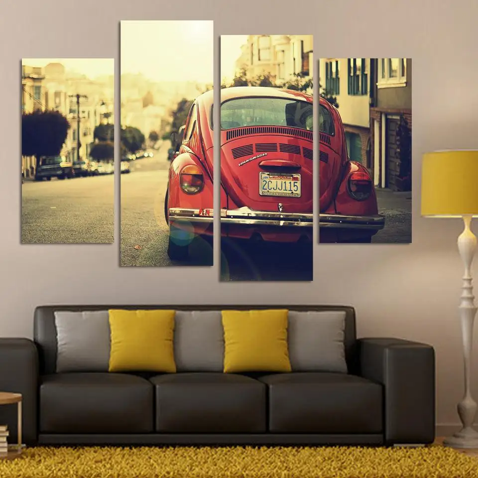 4 Panel Classic Wall Art Picture Cool Orange Reflective Sports Car