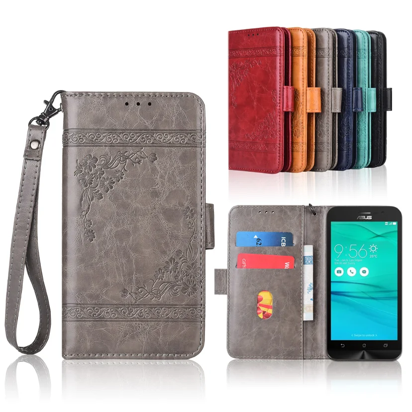 

Wallet case for ASUS ZenFone Go ZB500KL Flip case with Strap,100% special PU leather embossing flower book case