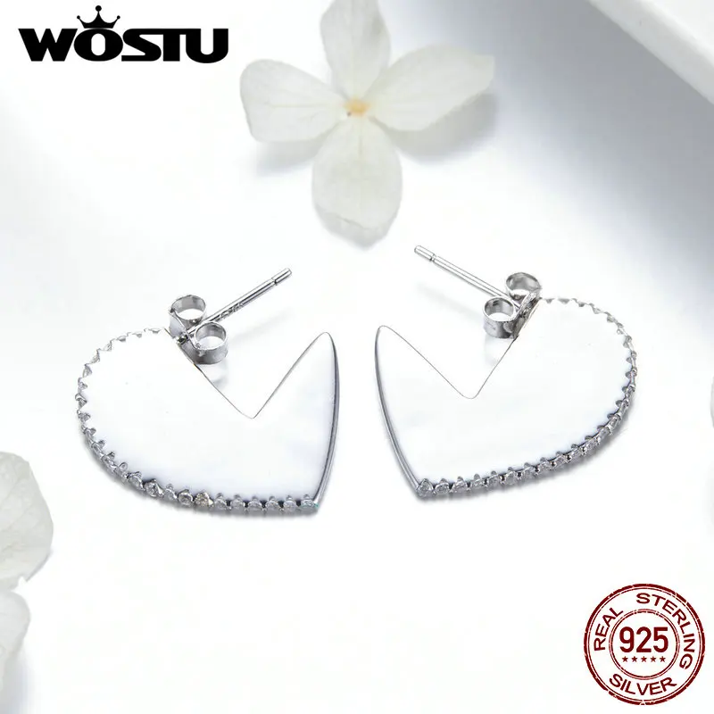 WOSTU Лидер продаж чистого серебра 925 пробы, внутреннее покрытие серебристого цвета, в виде сердца, для влюбленных серьги гвоздики с прозрачными камнями для Для женщин ювелирные изделия Подарок на Год FIE512