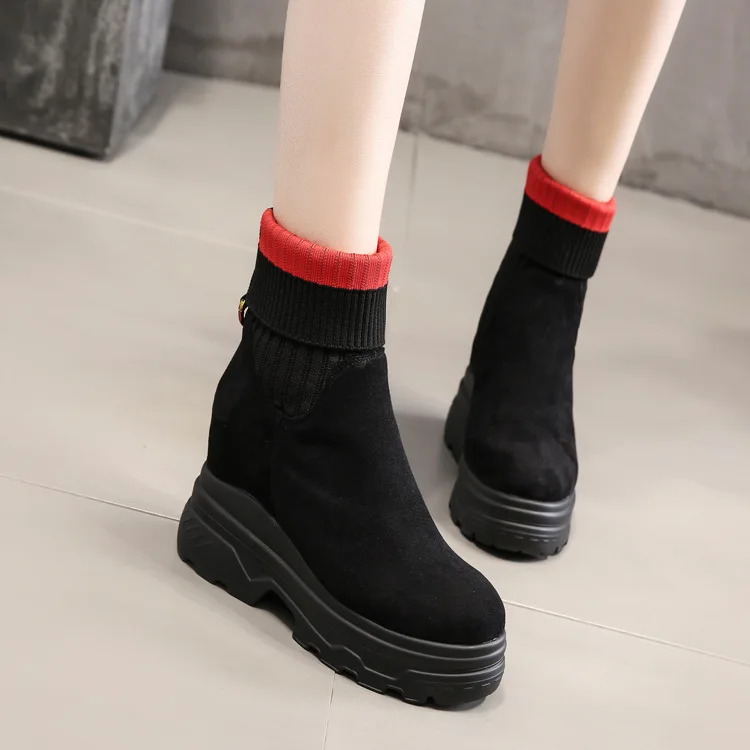 

Booties female 2018 autumn new increase in women's shoes plus velvet boots wild knitted women's boots Martin boots tide