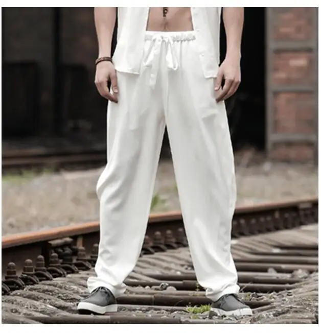Мужские штаны-шаровары размера плюс, брюки для ног, широкие штаны, дышащие костюмы певицы, новые летние шелковые штаны с драпировкой, свободные M-4XL - Цвет: white