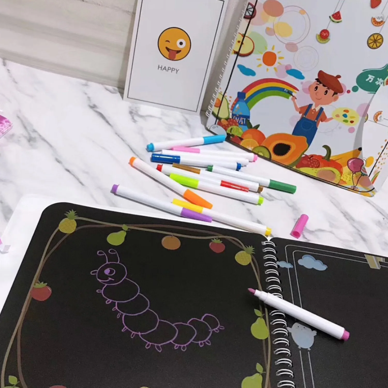 

Drawing Pad Innovative Portable Erasable Blackboard Reusable PP 14-page Writing Board with 12 Colored Pen for Kids Bird Design