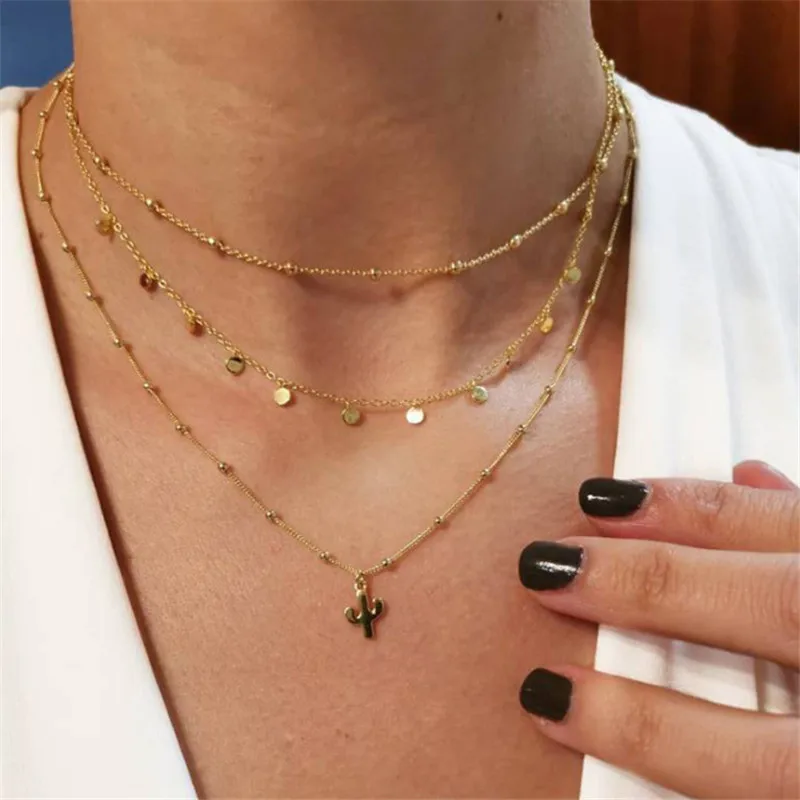 

NEWBUY Gold Chain Boho Choker Necklace For Women Multilayer Cactus Geometric Pendant Necklace Party Accessories