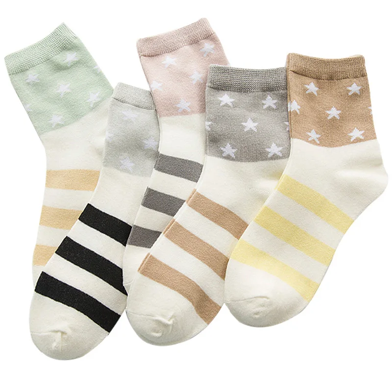 

Quality Breathable Women Socks For Female 5 Pairs Girls Keep Warm Cute Stripe Star Fashion Sock Comfortable Cotton Socks Meias