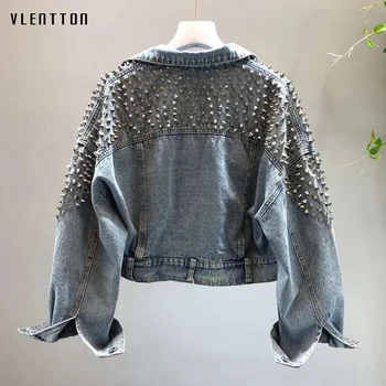 

2019 New Jean jacket Punk Style Rivet Short denim jacket Casual Bat sleeve Spring Autumn casual jackets for ladies