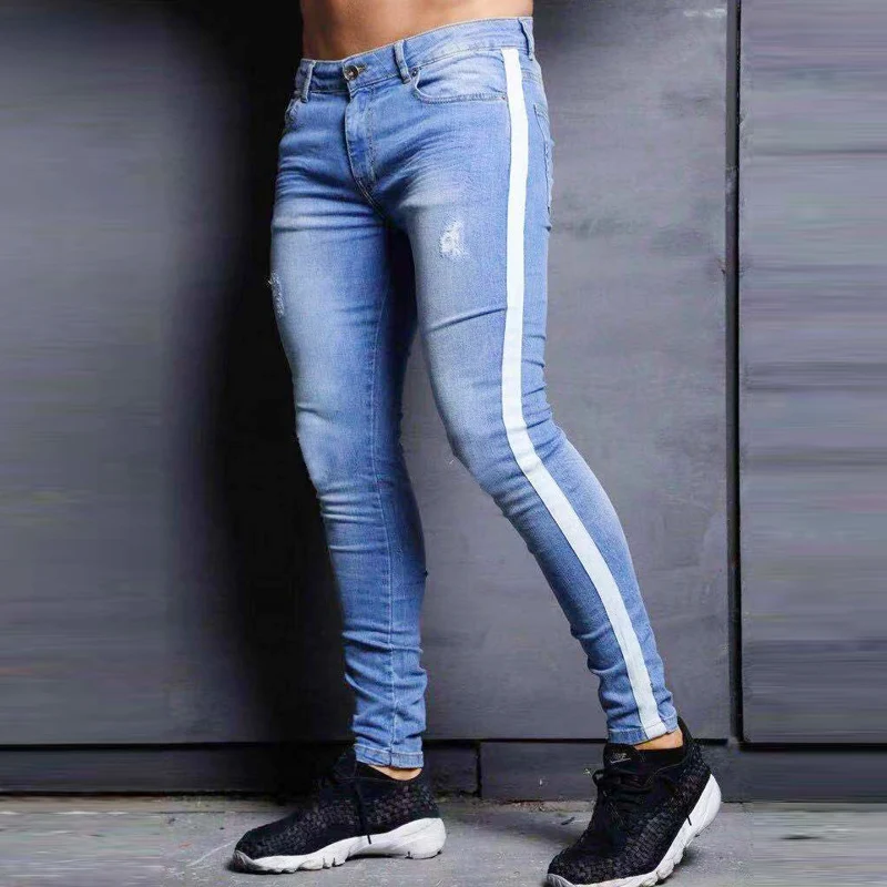 Men's Skinny Jeans Distressed Stretch Jeans Blue Ripped Skinny Jeans Male Slim Fit Dropshipping Supply Tape Design Men's Skinny Jeans Distressed Stretch Jeans Blue Ripped Skinny Jeans Male Slim Fit Dropshipping Supply Tape Design
