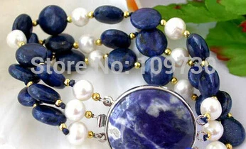 

hot sell3ROW 12MM NATUREL blue coin lapis lazuli pearl BRACELET