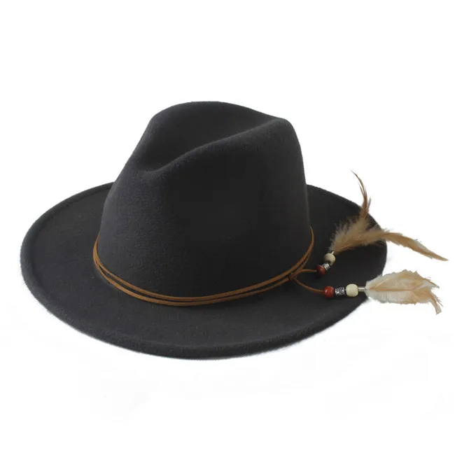 Новая модная шерстяная Унисекс Женская широкая шляпа с полями Fedora Для Laday Мужская шерстяная Панама с перьями повязка на голову джазовая шляпка для церкви - Цвет: Dark Grey
