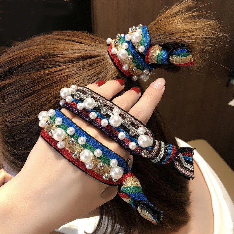 

New Rainbow Pearls Headbands Ponytail Holder For Girls Scrunchies Elastic Hair Bands Rope Gum Fashion Headdress Hair Accessories