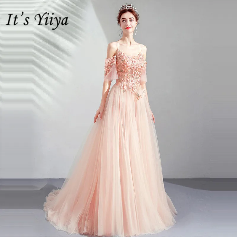 

It's YiiYa Prom Gowns Court Train Beading Short Sleeves Floor Length Long Party Dress Custom Plus Size Prom Dresses 2019 E265