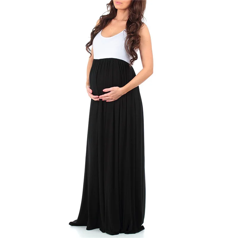 

Maternity Long Dresses for Pregnant Woman Solid Color Sleeveless Dresses Stitching Large Swing Pregnancy Clothing C0039