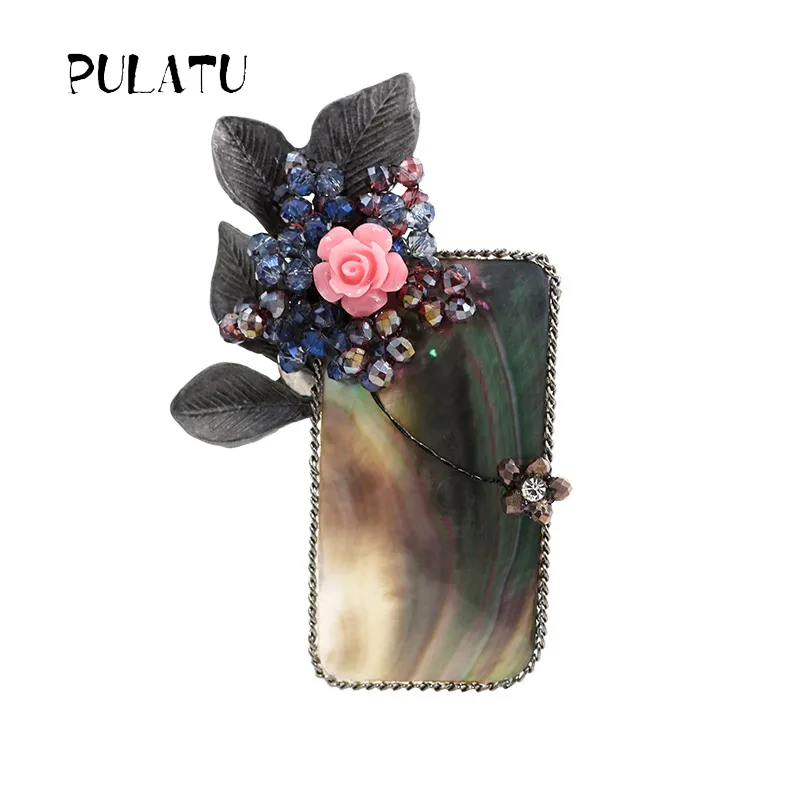 

Pulatu New Arrival Coral Shell Brooches Austrian Crystal Flower Vine Natural Coral Flowers Cute Vintage Women Brooches Pins Gift