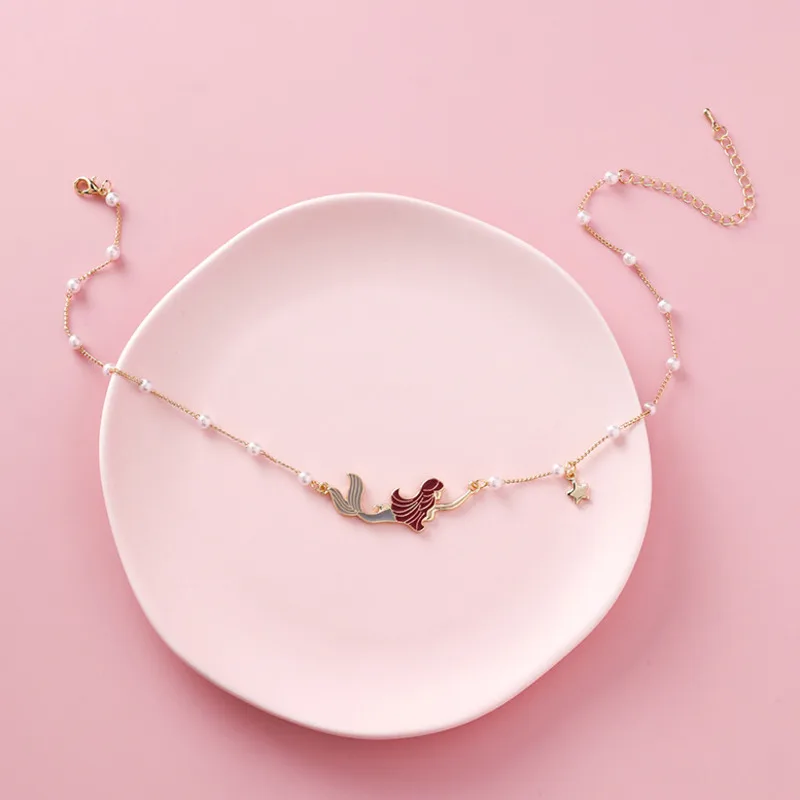 

Japanese Style Gold Color Fashion Jewelry Enamel Metal Imitated Pearl Mermaid Pendant Necklace For Chirldren Student Girls Gift