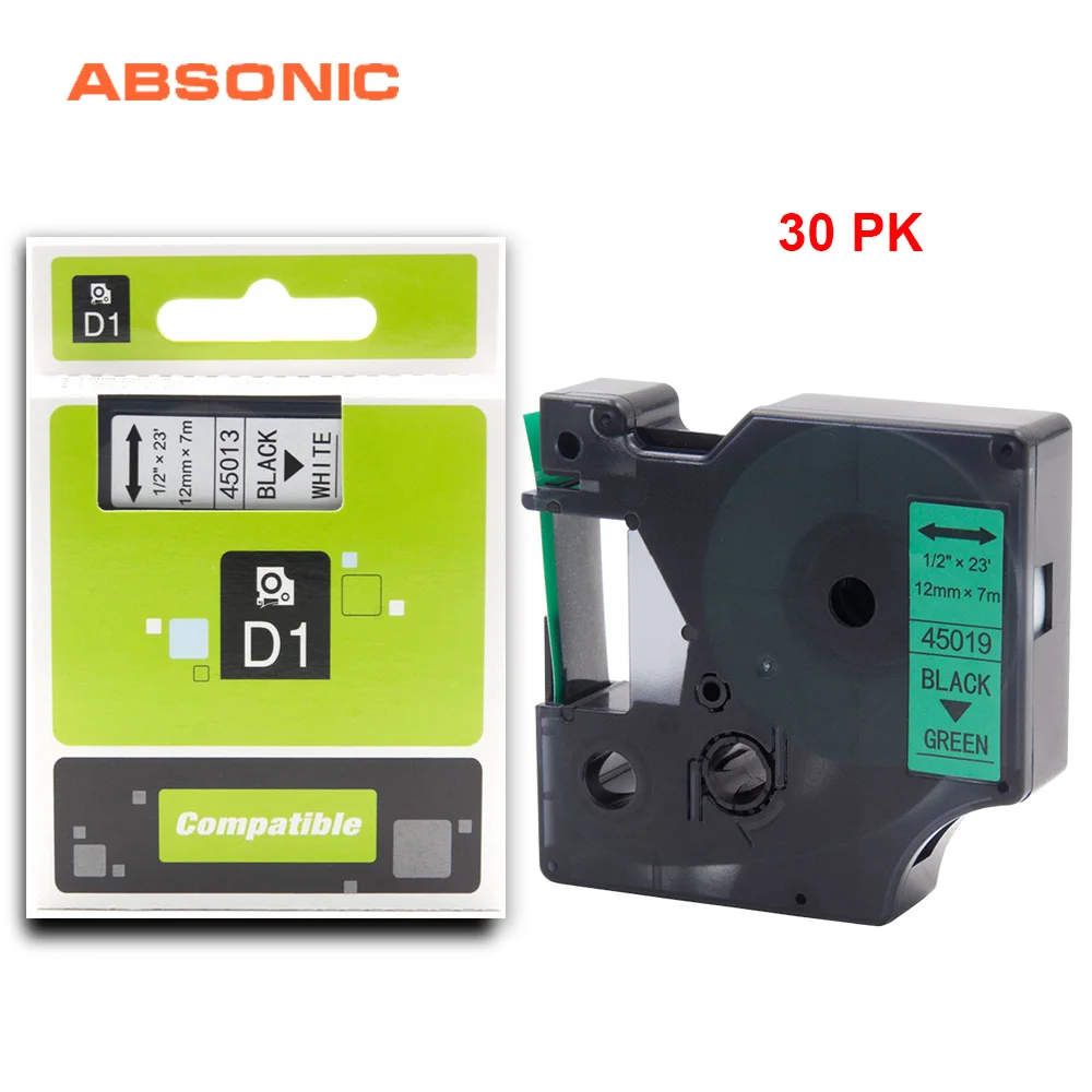 

Absonic 30PCS 12mm Refills Tape DYMO D1 45019 Black on Green Compatible Dymo LabelManager PnP 160 220P 360D 450D Printer Maker