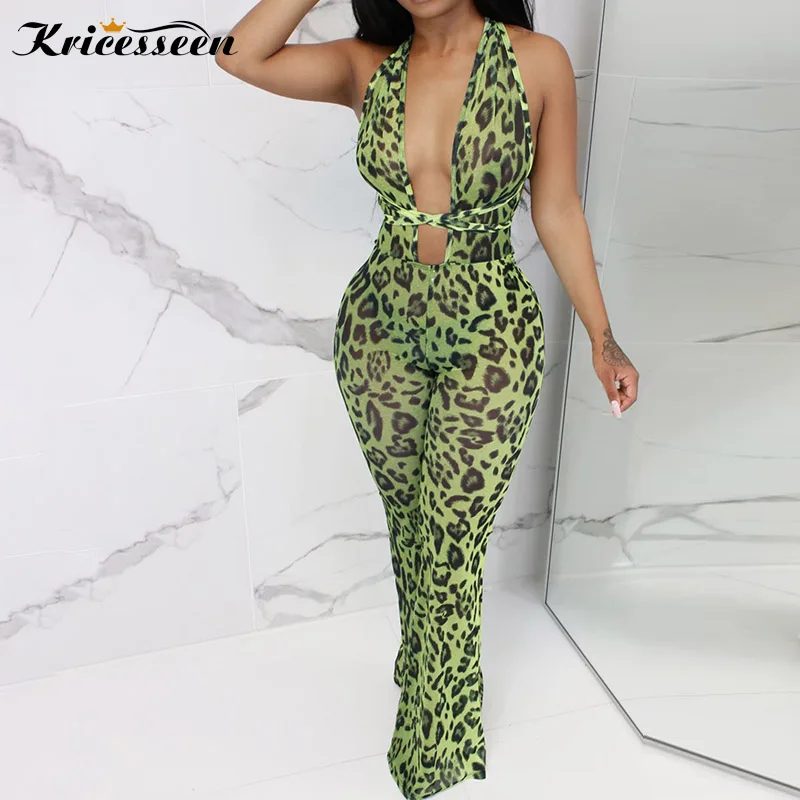 

Kricesseen Sexy Green Printed Halter Neck Bandage Skinny Rompers New Women Mesh Bandage Backless Long Pants Jumpsuit Outfits