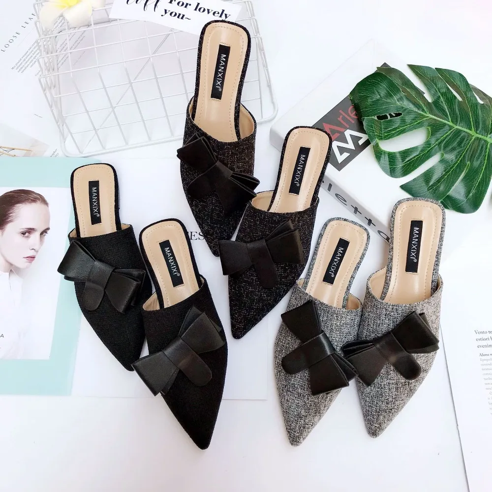 

Fleece Wool babouche women's shoes sweet bowtie outdoor slippers closed pointy toe mules chaussures femme flat heels pantoufle
