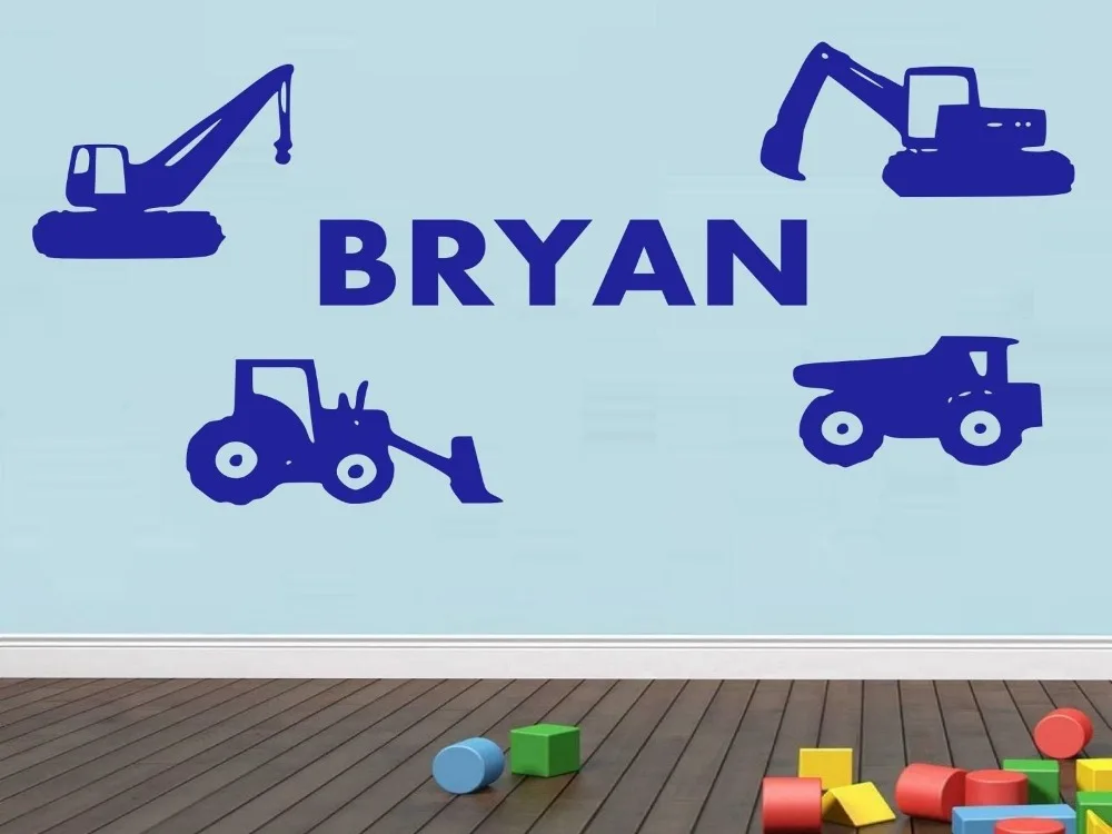 Personalized Custom Name Construction Truck Kids Wall Stickers Vinyl DIY Bedroom Wall Decals