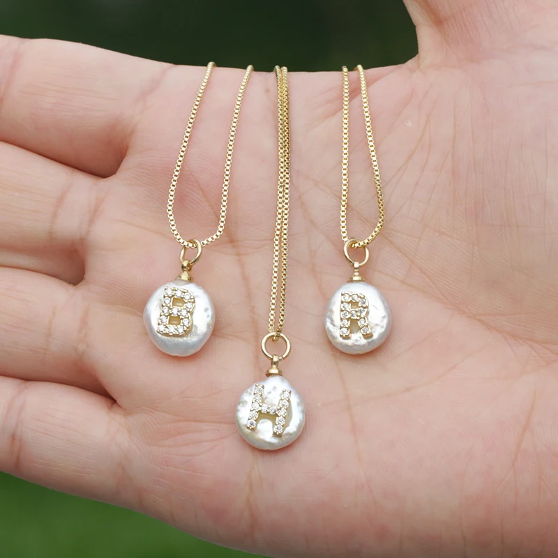 

white CZ initial 26 alphabet letter white freshwater pearl gold silver pendant charm thin chain choker necklace bridal wedding