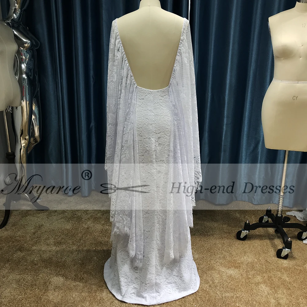 Mryarce New Unique French Lace Bohemian Wedding Dresses Open Back Front Slit Boho Chic Bridal Gowns With Cape  (2)