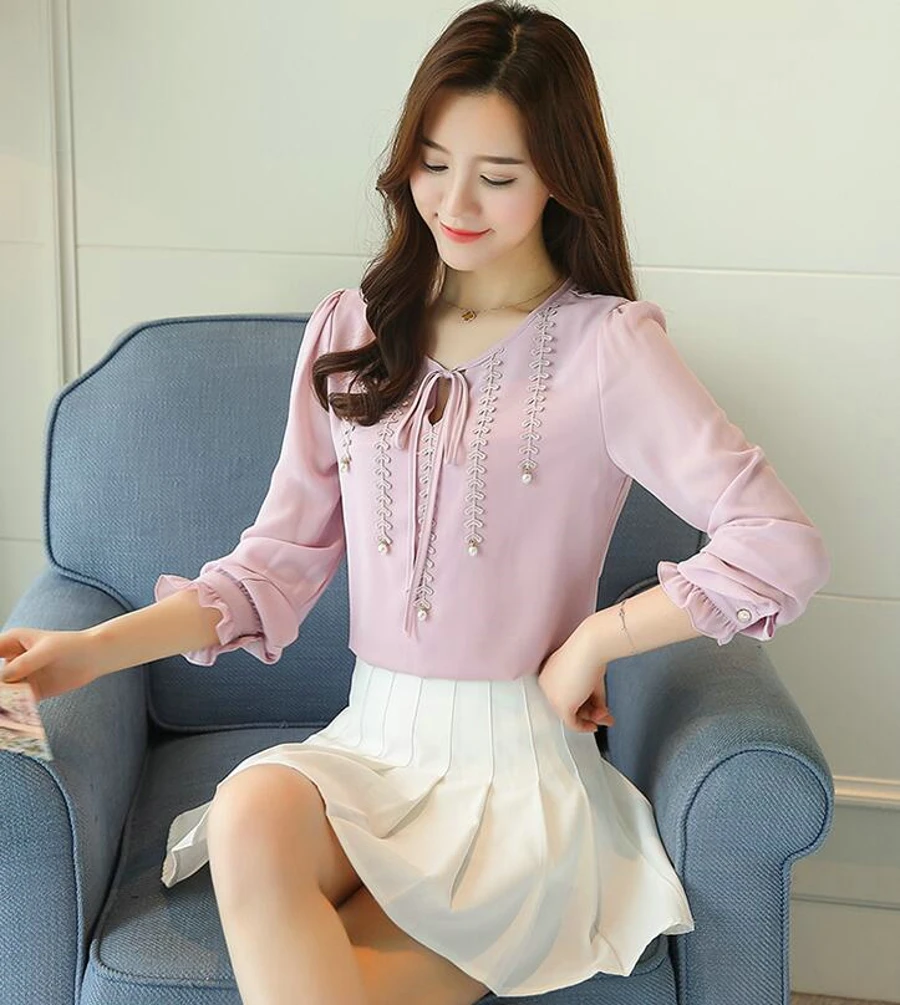 WAN XIANG YUAN Women Shirts 2017 Casual Autumn Long-Sleeved Chiffon Blouse Lady Plus size Blouse for Women Chemise Femme 92303