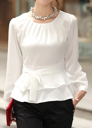 

Fashion New Women Layered Long Sleeve White Tie Front Blouse Casual Slim Autumn Office Wear O Neck Ruffle Hem Basic Shirt