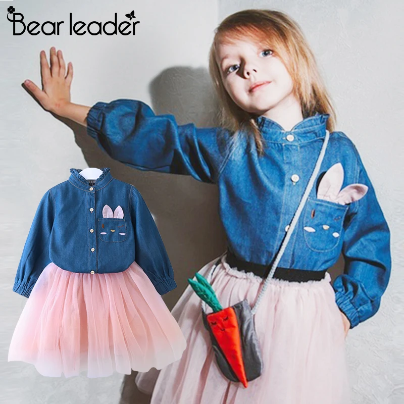 Bear Leader Girls Dress Casual Style Christmas Dress Long Sleeve Denim Cartoon Embroidery Shirt+Mesh Dress 2pc for Girls Clothes