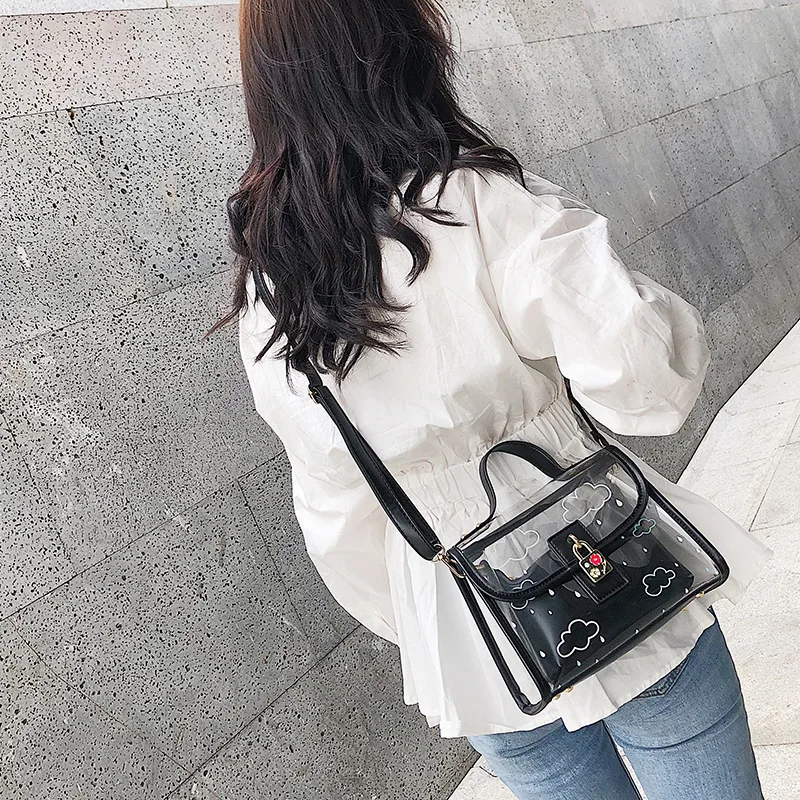 Carino Canta Da Del 2018 Grande Stampa Bag Spiaggia Di Bag Plastica yellow Pu Messager Shoulder pink white Gelatina Borse Black Sacchetto Tracolla Bag A Donna Trasparente Borsa Bottiglia Bag Nube Estate S603 qOY1tH