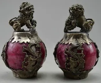 

A Pair of Elaborate Chinese feng shui brass lion ball statues