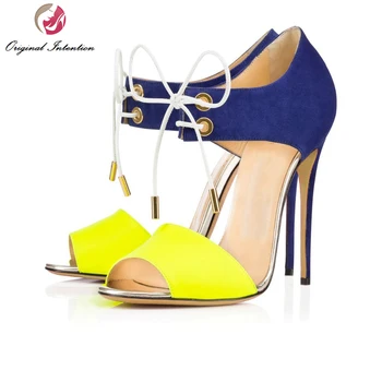 

Original Intention Women Sandals Open Toe Thin Heels Sandals Orange Blue Black Dark Blue Shoes Woman Plus US Size 4-15