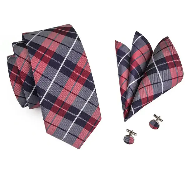 SN-342 дымчатый красный, белый клетчатый галстук, носовой платок, запонки наборы Для мужчин's 100% шелковые галстуки для Для мужчин формальный