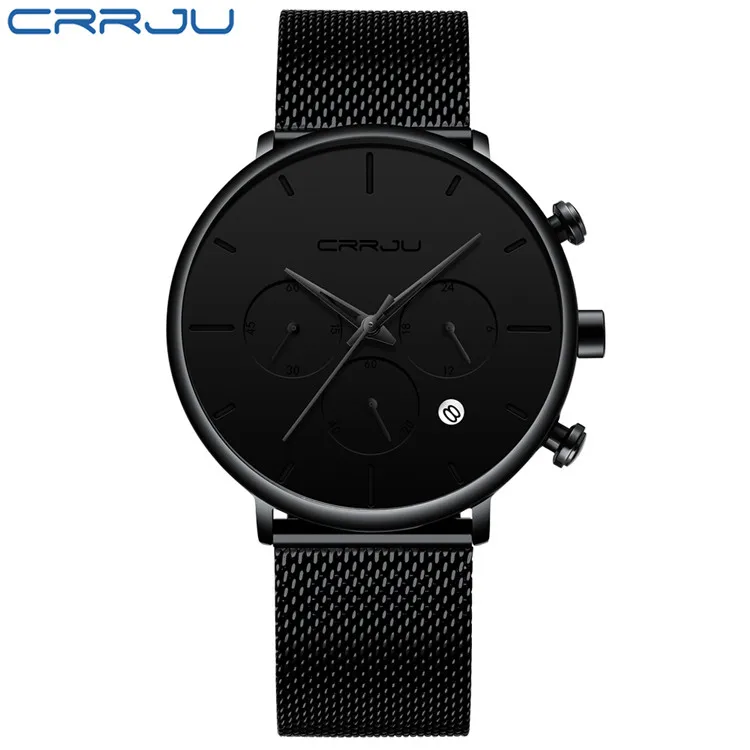 Мужские часы Relogio Masculino CRRJU, мужские деловые часы, роскошные повседневные водонепроницаемые спортивные часы, мужские кварцевые часы с 3 циферблатами, тонкие сетчатые часы - Цвет: black black